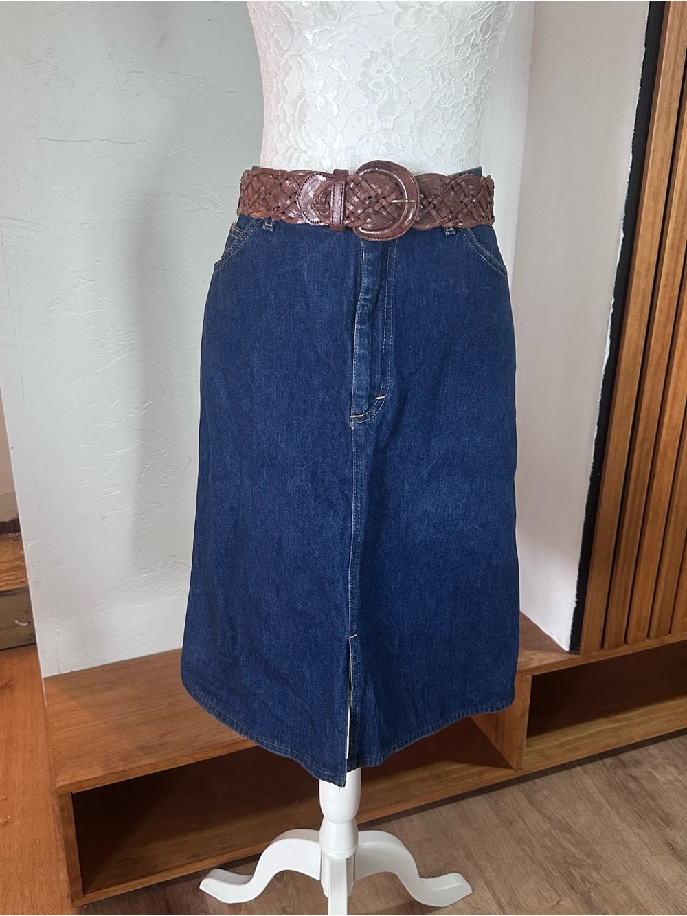 Lee Dark Blue Denim Midi Skirt with Front Slit